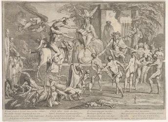 Heksensabbat in een nachtelijk landschap, een necromantiër bovenaan in het midden gezeten, ca. 1700-1720