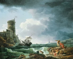 Een Storm met Schipbreuk bij een Fort, een Schipbreukeling op de Voorgrond, 1769