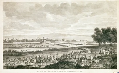Intocht van Franse soldaten in Turijn, c.1796 (ets)
