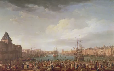 Ochtendgezicht op de binnenhaven van Marseille en het paviljoen van de Horloge du Parc, 1754