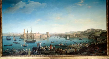 De ingang van de haven van Marseille in 1754