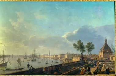 De haven van Bordeaux met de stadsmuren, 18e eeuw. Parijs, Marinemuseum