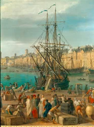 De haven van Marseille in de 18e eeuw. Detail met het lossen van goederen. Schilderij van Joseph Vernet (1714-1789), 18e eeuw. Parijs, Marinemuseum