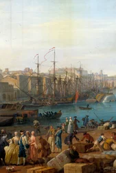 De haven van Marseille in de 18e eeuw. Detail met het lossen van goederen. Schilderij van Joseph Vernet (1714-1789)