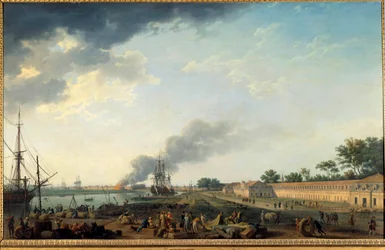 Gezicht op de haven van Rochefort en de Koninklijke Touwslagerij. Schilderij van Joseph Vernet (1714-1789), 1762. Parijs, Musée de la Marine.