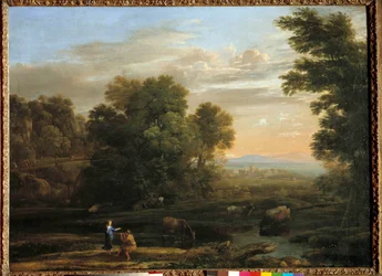 Landschap met herder die de bucolische scène flageolet speelt