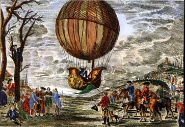 Vlucht van een heteluchtballon onder toezicht van de hertog van Chartres in 1783, gravure