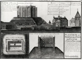 Fol.106 Doorsnede en profieltekening van de Tour de Ganne in Tonnay Boutonne, uit Recueil des Plans de Saintonge