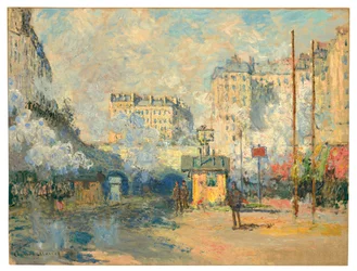 Exterieur van station Saint-Lazare, zonlicht effect, 1877