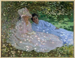 Mevrouw Monet en een vriendin in de tuin. Twee vrouwen zittend in de schaduw van een boom