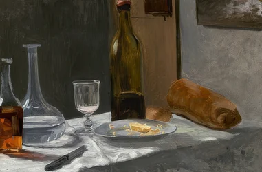 Stilleven met fles, karaf, brood en wijn. Omstreeks 1862/63