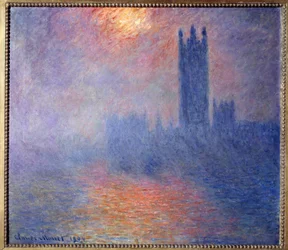 Het Parlement van Londen, met de zon die door de mist breekt