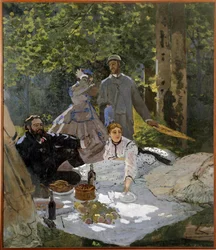Het ontbijt op het gras (portret van Frederic Bazille in het midden, Camille Doncieux en Gustave Courbet links)