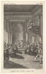 Een man zittend in een stoel op een verhoogd platform houdt een toespraak, twee wijzende mannen staan, ca. 1784
