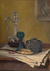 Stilleven van krant, pijp, karaf en pot, 1887