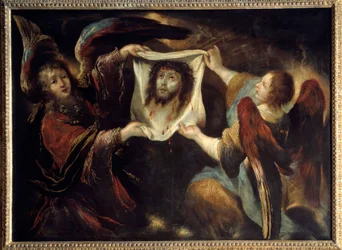 Twee engelen presenteren het heilige gezicht van Christus op het linnen van Sint Veronica