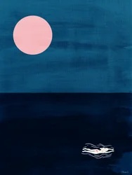 Midnight Swim Pink Moon – Abstracte kunstprint met oceaanthema