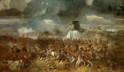 Napoleontische Oorlog: ‘Gezicht op de Slag bij Waterloo op 18/06/1815’. Schilderij van Clément Auguste Andrieux (1829-1880), 1852, 1,1 x 1,93 m.