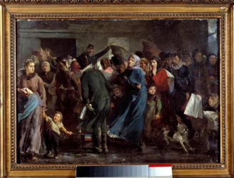 De rij voor de slagerij. De hongerige inwoners van Parijs wachten tijdens de oorlog van 1870 - 1871 tegen Pruisen bij de slagerij op hun beurt.