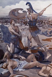 De dood van Patroklos: Hektor doodt Patroklos. Illustratie van Clement Gontier (1876-1918) voor Homerus