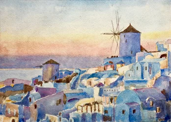 Santorini Oia - zonsondergang, verlichtingstijd, 2018 (aquarel)