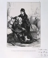Frans-Duitse Oorlog 1870-1871: een gewonde soldaat wordt verpleegd en gevoed. Uit een reeks lithografieën van Clément-Auguste Andrieux over de Nationale Garde.
