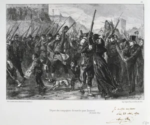 Frans-Duitse Oorlog 1870-1871: Slag bij Buzenval (Mont Valérien) nabij Versailles, 19 januari 1871. De Nationale Garde marcheert naar de slag en de nederlaag. Uit een reeks lithografieën van Clément-Auguste Andrieux over de Nationale Gardes.