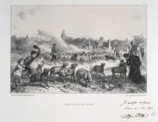 Frans-Duitse Oorlog 1870-1871: een kudde schapen wordt weggejaagd om te voorkomen dat die in handen van de Pruisen valt. Uit een reeks lithografieën van Clément-Auguste Andrieux over de Nationale Garde.