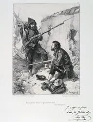 Frans-Duitse Oorlog 1870-1871. Beleg van Parijs 19 sept. 1870-28 jan. 1871. Aankomst van de Mobiele Garde om Parijs te helpen verdedigen, september 1870. Uit een reeks lithografieën van Clément-Auguste Andrieux over de Nationale Garde.