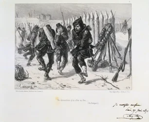 Frans-Duitse Oorlog 1870-1871. Beleg van Parijs 19 sept. 1870-28 jan. 1871. Soldaten springen op de wallen rond om warm te blijven. Uit een reeks lithografieën van Clément-Auguste Andrieux over de Nationale Garde.