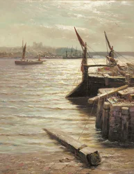 Aken afgemeerd aan de rivier
