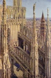 Een vleugel van de Duomo en de toren van St. Gottardo, Milaan