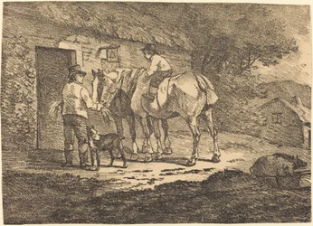 Paarden bij de Deur van een Huisje