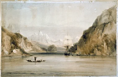 Hms Beagle in de zeewegen van Vuurland (aquarel)
