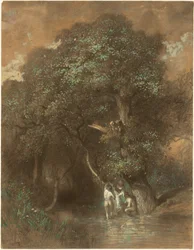 Badgasten bij een reusachtige eik, ca. 1842-1844 (houtskool op papier)