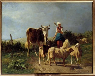 Een herder met een koe en schapen