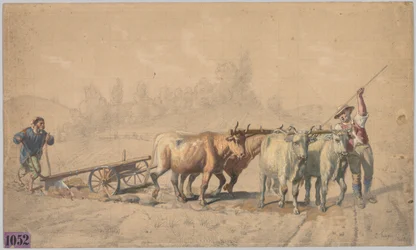 Vier ossen trekken een ploeg, 1853