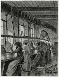 Een vrouwenwerkplaats in de glasfabriek van Val Saint Lambert. Gravure door C.Meunier ter illustratie van het verhaal 