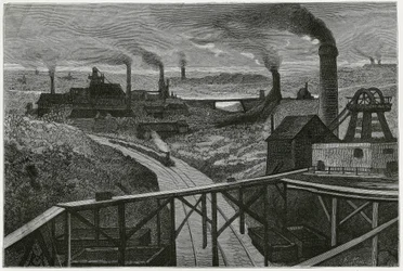 Steenkoolmijnbouw en terrils (aspecten van de contree boraine). Gravure door Constant Meunier, ter illustratie van het verhaal 