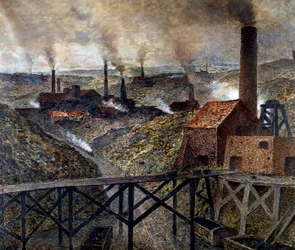 In het Black Country. Industrielandschap met fabrieken en schoorstenen.