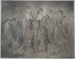 Interieurscène in een bordeel, vrouwen en mannen, circa 1875