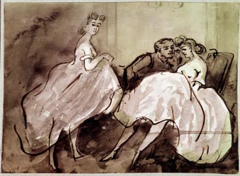 Twee prostituees en een verleidingsscène klant in een bordeel. Tekening door Constantin Guys (1805-1892) 19e eeuw Parijs, Musee Carnavalet