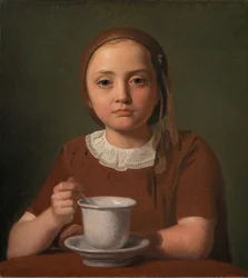 Klein meisje, Elise Købke, met een kopje voor haar, 1850