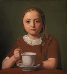 Portret van een meisje, Elise Købke, met een kopje voor zich, 1850