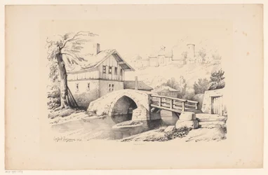 Brug en huis in heuvelachtig landschap