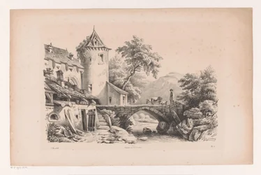 Huizen en brug in berglandschap