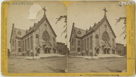 Stereofoto van de First Congregational Church, Chicago, ca. 1870
