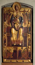 Maagd op de troon met het kind, twee engelen, de apostelen. De Aankondiging en de heilige vrouwen bij het graf. Laag reliëf polychroom hout
