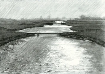 Schets van een rustig rivierlandschap