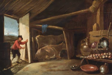 Een stalinterieur met een binnenkomende koeherder en een stilleven van groenten en koperen vaten (olieverf op paneel)